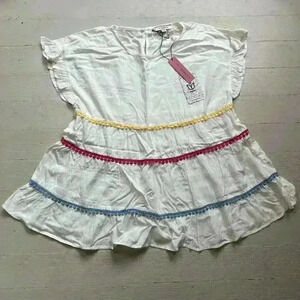 NWT White Andrée By Unit Boho Short Sleeve Shirt With Colorful Details